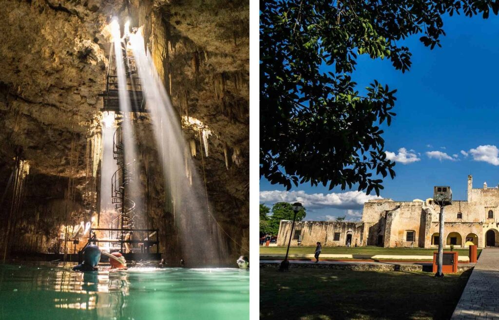 Underground cenote with light beams and access platform and San Bernardino convent in Valladolid