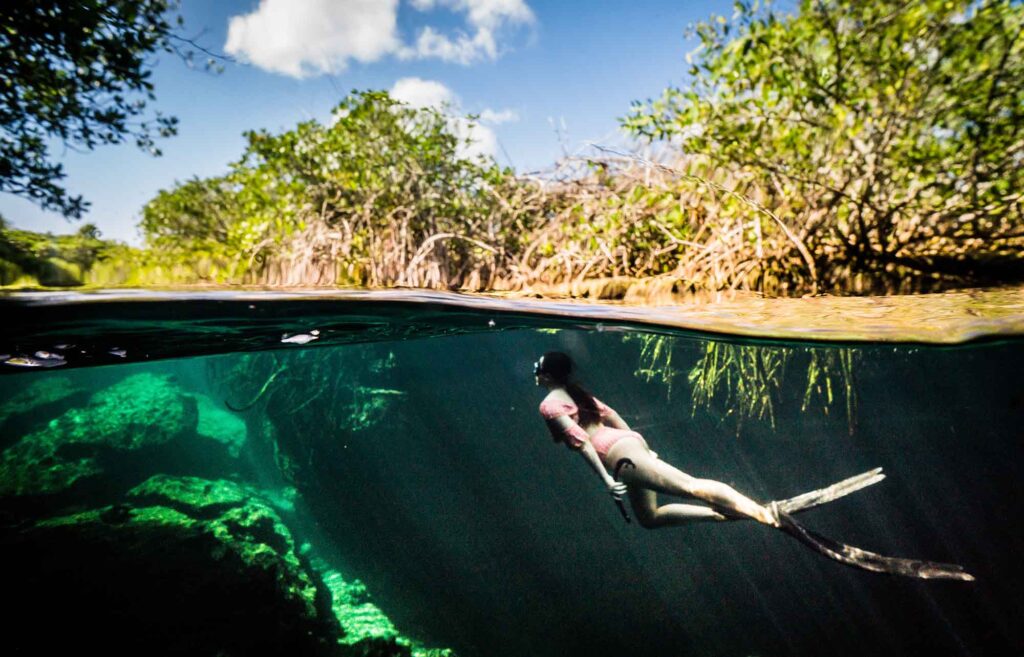 Freediver floating at the surface of a cenote in Mexico before a relaxed descent